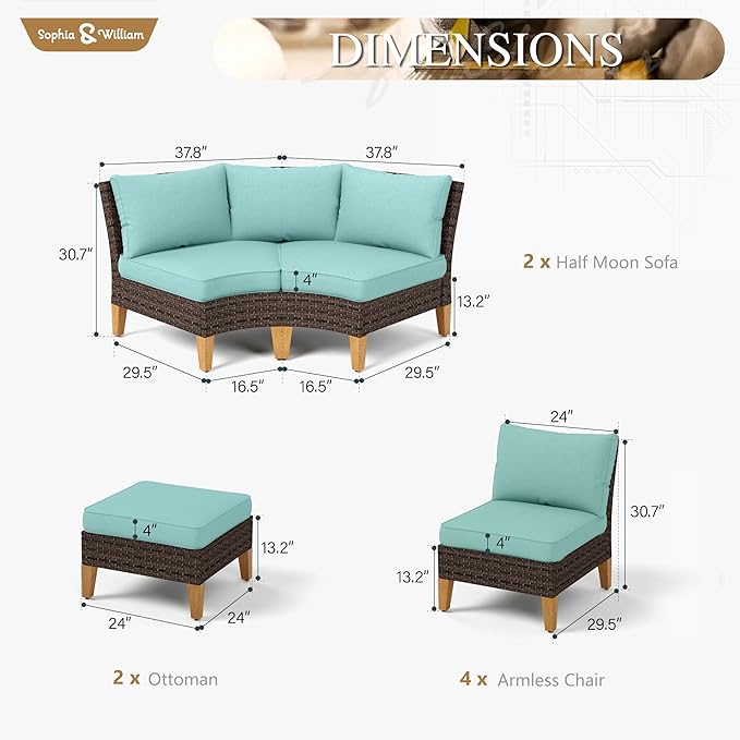Sophia & William Patio Furniture Set, 10 Piece Half Moon Outdoor Wicker Sectional Sofa Set, High Back Rattan Conversation Set with Ottoman for Backyard, Deck, Pool(Aqua Blue)