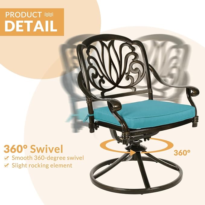 7-Piece Outdoor Patio Dining Set, 60” Rectangular Cast Aluminum Dining Table with Umbrella Hole and 4 Stationary, 2 Swivel Rocker Chairs, 6 Cushioned, Backyard, Patio, Garden, Blue