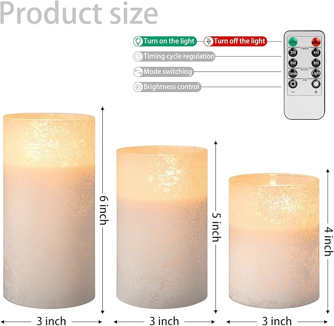 White Glass Flameless Candles Set of 3 (3"x4" 5" 6") – Battery Operated LED Pillar Candles with Remote and Timer, Flickering Electric Fake Candles for Home Wedding Decor