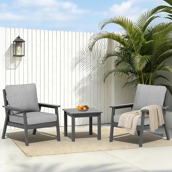 LOUNZY HDPE Patio Furinture Set, 3 Piece Sectional Sofa Outdoor Furniture Set, All Weather Outdoor Couch Set Patio Conversation Set for Deck, Lawn, Grey