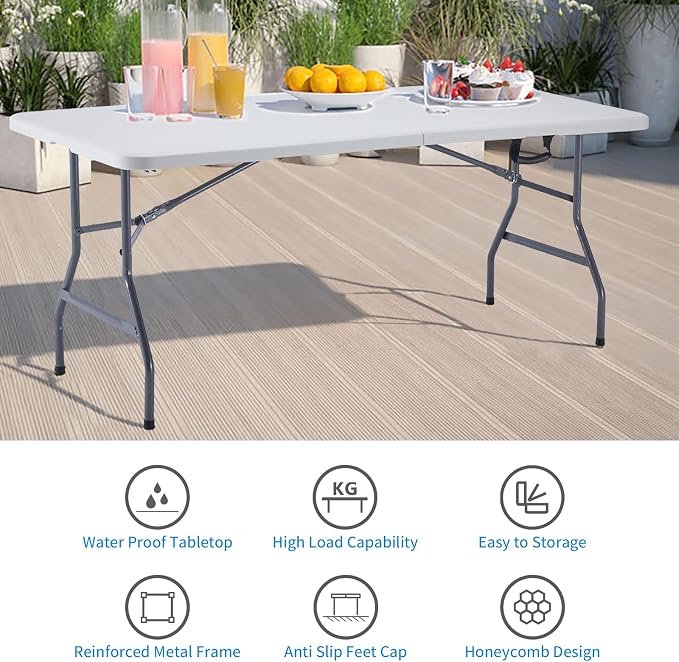 KAIHAOWIN Plastic Folding Table-6ft Fold in Half Picnic Table with Carrying Handle for Indoor Outdoor Camping Wedding Banquet Party-White