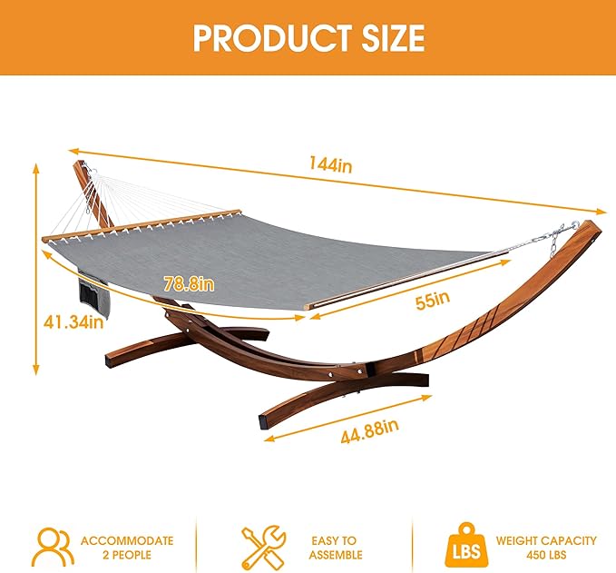 Lazy Daze Hammocks 12 FT 2 Person Double Quick Dry Olefin Blend Hammock with Curved Steel Heavy Duty Stand for Outside, Backyard, Patio, 450 Lbs Capacity, Grey