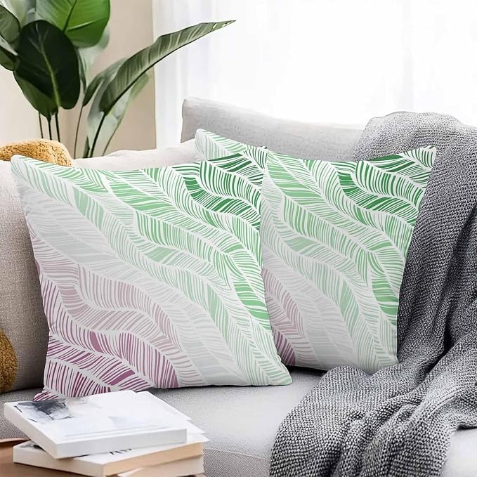Vandarllin Outdoor Throw Pillows Covers 16x16 inch Set of 2 Waterproof Summer Beach Decorative Zippered Cushion Covers for Patio Furniture, Ombre Green Abstract Leaf Lines Lumbar Pillowcases