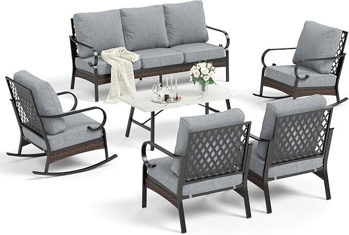 HERA'S HOUSE 6 Piece Patio Furniture Set, 2 x Fixed Chair, 2 x Rocking Chair, 1 x 3-Seat Sofa with Coffee Table, All Weather Patio Conversation Set for Lawn Garden Backyard Deck, Grey