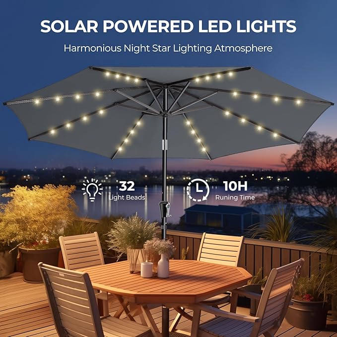 HOMSHADE 9ft Solar Patio Umbrella - Solar Lights LED Lighted Outdoor Market Table Umbrella, UPF50+ UV Protection with Push Button Tilt, Crank for Pool Deck and Garden (Dark Grey)