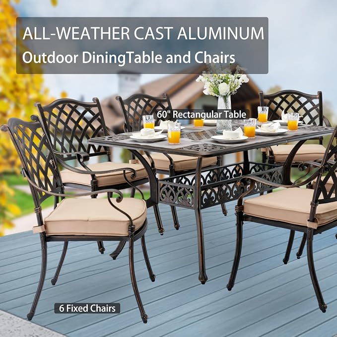 7-Pcs Cast Aluminum Patio Dining Set,59" Rectangular Table,Bronze | Outdoor Furniture Set Include Dining Table and 6 Stackable Chairs with Cushions & Umbrella Hole