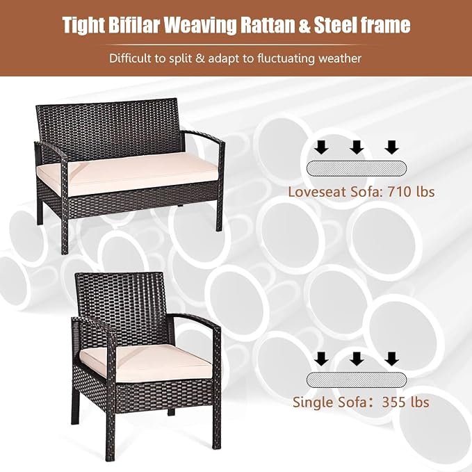 COSTWAY 8 PCS Patio Rattan Conversation Furniture Set Cushioned Seat Glass Tabletop