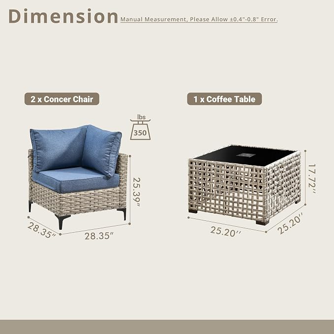 3 Pieces Patio Sectional Furniture Set, Outdoor Wicker Sectional Couch with Solar Lights Table, Modern Conversation Set for Porch Balcony Backyard, Denim Blue