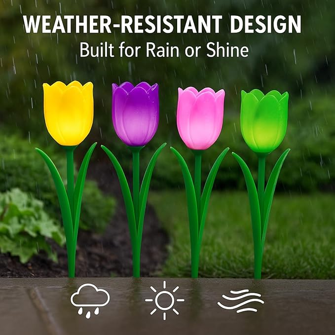SkyMall Decorative Tulip Stake Lights – Set of 8 Battery-Powered Yard Lights – Garden Pathway LED Flowers in Pink, Purple, Yellow & Green – Outdoor Accent Lighting, 12” Tall, AAA Batteries Required