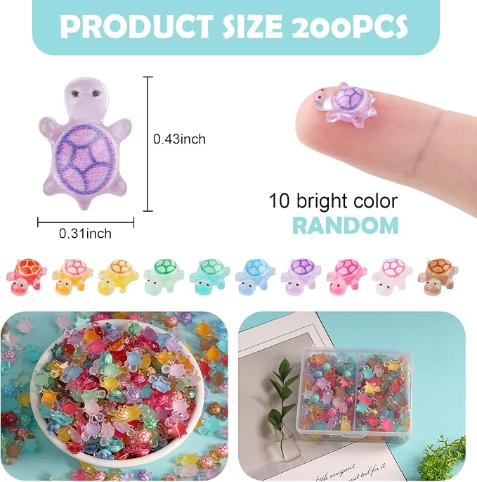 Mini Resin Turtles, Glow in The Dark Tiny Turtle Figurines, Miniature Landscape Ornaments for DIY Fairy Garden, Dollhouse, Aquarium, Fish Tank, Plant Pot Decor, Party Craft Supplies (200)
