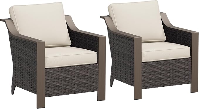Patio Metal Armchairs Set of 2, Outdoor Conversation Furniture Set, Premium & Washable Cushions, Durable PE Rattan, Metal Armrests with Wood Grain, Backyard (Beige and Brown Stripe)