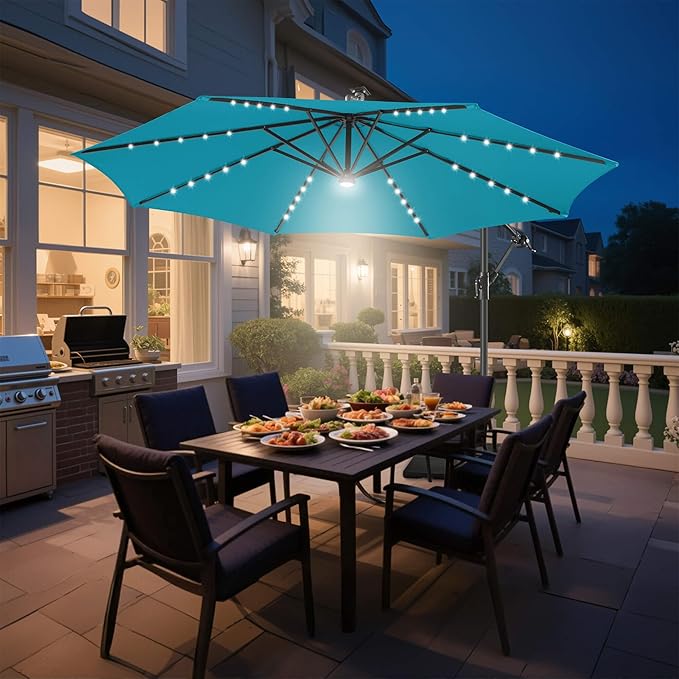 FLAME&SHADE 10ft Solar Cantilever Umbrella with 40 LED Lights, Lighted Large Offset Outdoor Patio Umbrellas, 8 Sturdy Ribs, UPF50+ UV Protection for Pool Deck Garden Yard, Aqua Blue