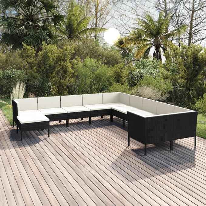 11 Piece Patio Lounge Set with Cushions,Patio Sofa,Outdoor Daybed,Patio Seating,Outdoor Furniture Sets,Patio Conversation Sets,Modern Set,Outdoor Patio Chairs,for Backyard,Garden,Poly Rattan Black