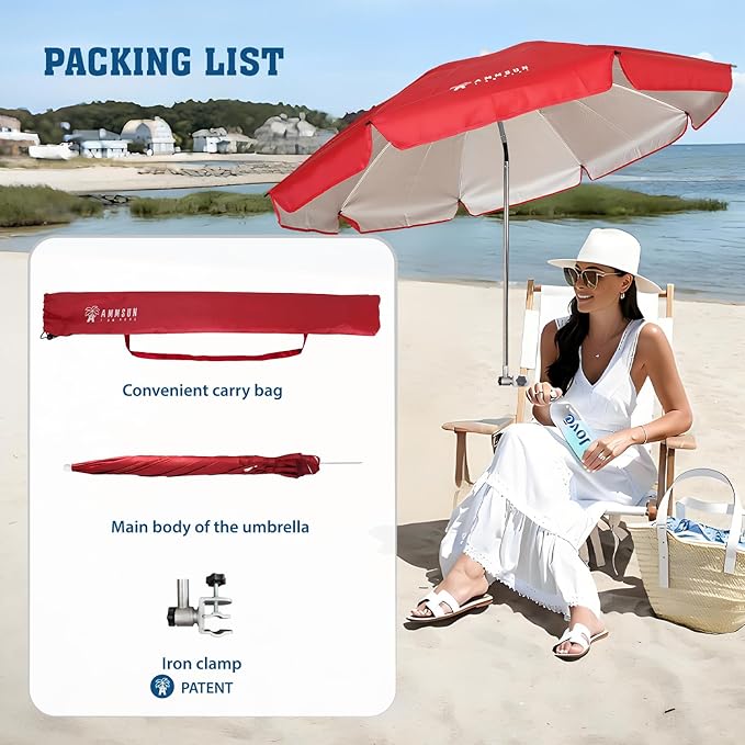 AMMSUN Chair Umbrella with Universal Clamp Adjustable 47 inches and 360° Swivel & UPF 50+ Protection Portable Sun Umbrella, Secure Clip on Camping/Beach Chairs, Stroller, Wheelchair, Golf cart, Lounger, Red, 2 PACK