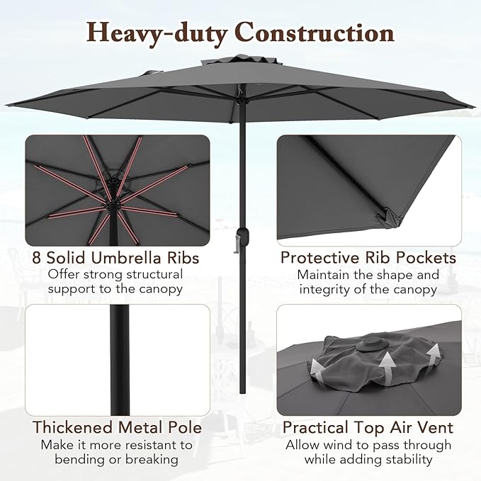 12FT Patio Umbrella, Outdoor Table Umbrella with Crank Handle, 8 Sturdy Ribs, Sun-protection & Waterproof Canopy, Top Air Vent, Market Umbrella for Garden, Lawn, Deck, Backyard, Poolside