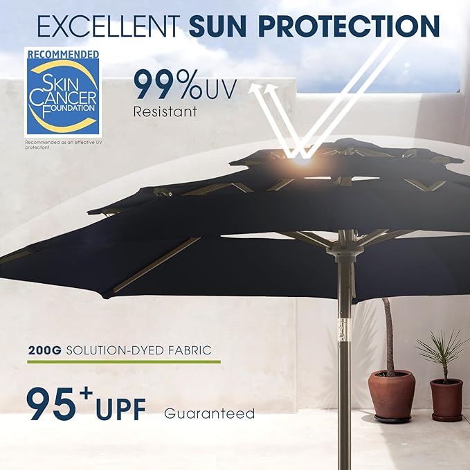 wikiwiki 9ft 3-Tier Patio Umbrella Outdoor Table Market Umbrella for Patio with Push Button Tilt/Crank, Fade Resistant Waterproof POLYESTER Canopy for Garden, Lawn, Deck, Backyard & Pool, Navy Blue