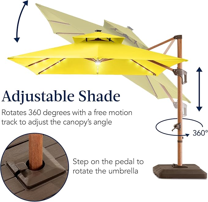 Best Choice Products 10ft Square Cantilever Patio Umbrella w/Base Included, Woodgrain Pattern Pole & Solar LED Lights, 360-Rotation, Offset Hanging Outdoor Shade