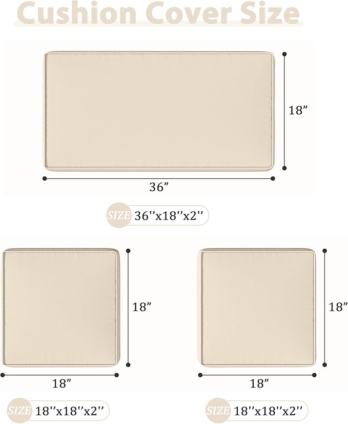 3 Pack Outdoor Patio Seat Cushions Replacement Covers Fit for 4 Pieces 4-Seater Wicker Rattan Patio Conversation Set Loveseat Chair Couch Furniture,36x18x2,18x18x2,Cream-Cover Only