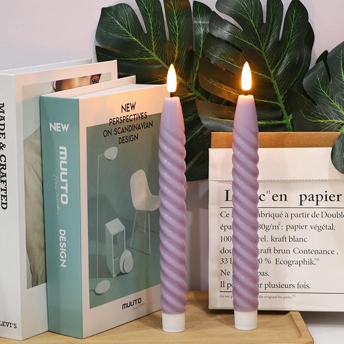 Purple Flameless Taper Candles Real Wax Flickering with Remote Timer, Gentle Lavender LED Spiral Candles Battery Operated 6 Pack 9.8 inch, Wedding Birthday Home Party Holiday Dinner Decor