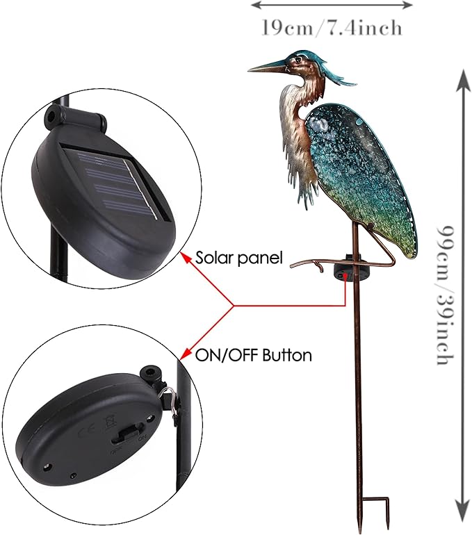 TERESA'S Collections Blue Heron Garden Decor for Outside Solar Lights, 39" Glass Lawn Ornaments with Outdoor Lights Decorative Stake, Yard Art Decorations Outdoor for Patio Gifts for Mom Grandma