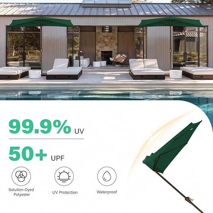 JEAREY 9ft Half Umbrella Outdoor Patio Umbrella Market Umbrellas with Crank, 1/2 Round Wall Umbrella 5 Sturdy Ribs UV Protection for Pool Garden Balcony Deck, Dark Green
