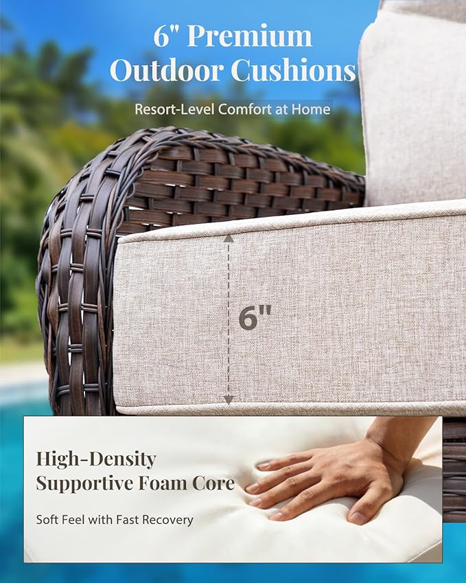 Patio Furniture Set with Luxury 6" Cushions, 7 Pieces High Back Swivel Rocking Patio Chairs, Couch and Ottoman, Outdoor Wicker Conversation Set for Deck, Porch, Backyard, Poolside, Beige
