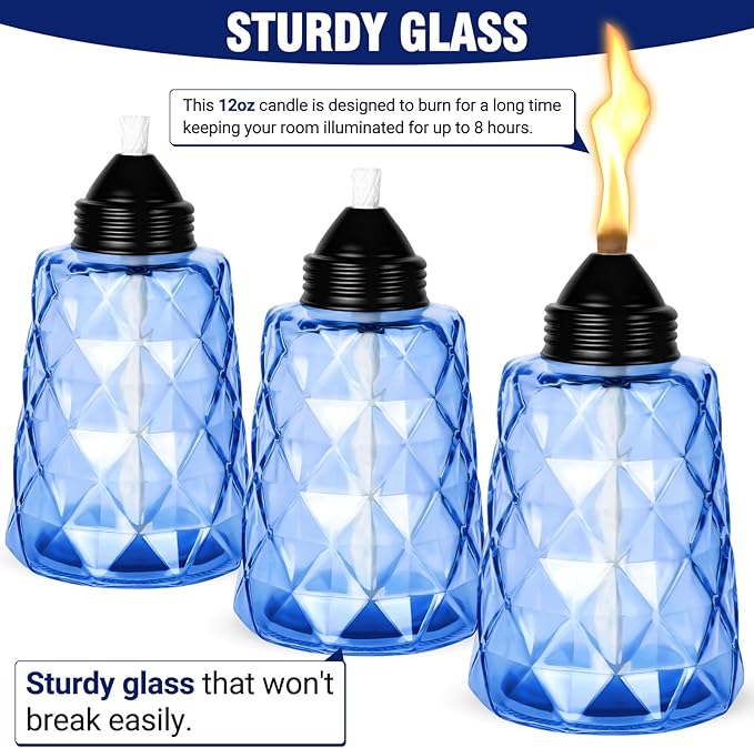4-Pack Glass Tabletop Torches Outdoor, 12 oz Citronella Torches Canisters with Wick & Cap, for Patio, Backyard, Garden, Parties, Outside Deck (Blue)