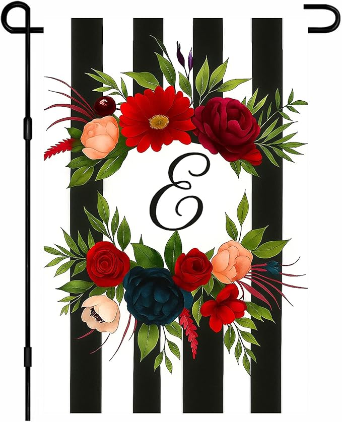 IVN Spring Garden Flag 12x18 Inch Double Sided Letter E Floral Design with Black and White Striped Background Vertical Outdoor Farmhouse Yard Decoration