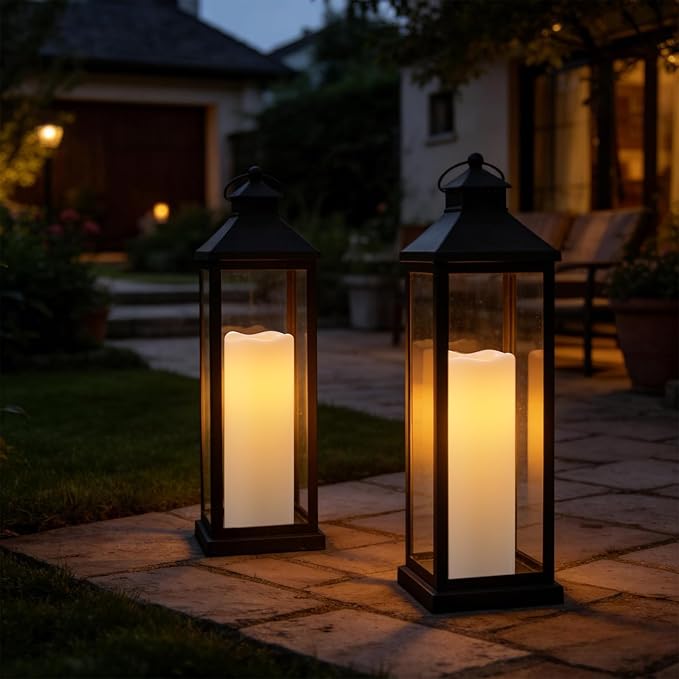 Eldnacele Large Outdoor Solar Flameless Candles Waterproof, 4" x 14", Solar Powered Dusk to Dawn Plastic LED Flickering Pillar Candles for Garden Patio Lanterns Wedding Holiday Decor(2 Pack White)
