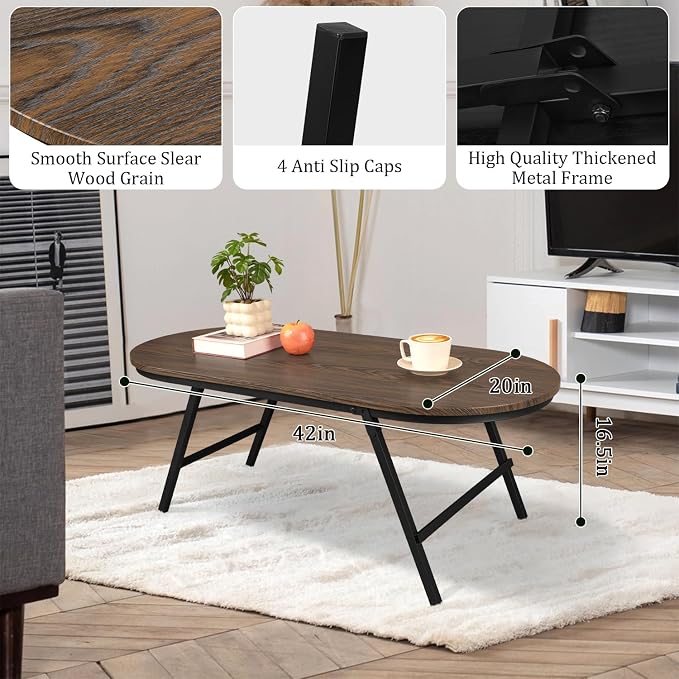 Foldable Coffee Table Oval Small Coffee Tables with Metal Legs Floor Table Desk for Sitting on the Floor Low Coffee Table for Small Spaces Living Room Outdoor Use Dark Brown