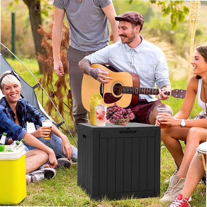 PP Woodgrain Black 30-Gallon Deck Storage Box with Lockable Waterproof Lid & Handles, 22x17x21in for Patio/Outdoor