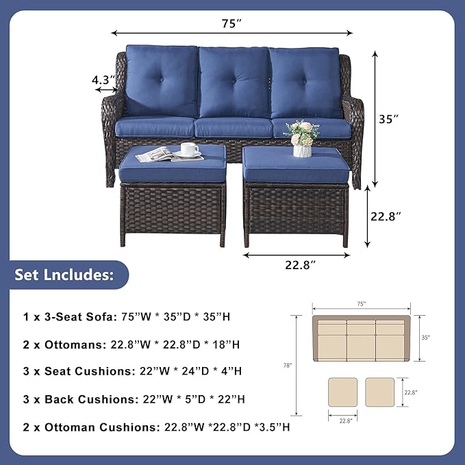 Rilyson 3 Piece Wicker Patio Furniture Set - Outdoor Rattan Patio Comversation Set with 1 Sofa and 2 Ottomans for Outside Porch Deck Garden(Brown/Blue)