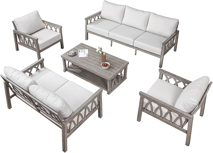5-Piece Aluminum Outdoor Patio Conversation Set, Outdoor Furniture Sofa Couch Set with Washable Cushions, Rustproof Outdoor Sofa Set Patio Furniture Set for Deck, Poolside, Limed Oak
