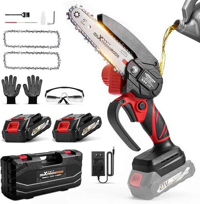 maXpeedingrods Mini Chainsaw Cordless, 6 inch Chainsaw Handheld Power Chain Saws with 2 Batteries, 3 x Durable Chains, Electric Chainsaw Lightweight Handheld Saw for Tree Trimming, Wood Cutting, Red