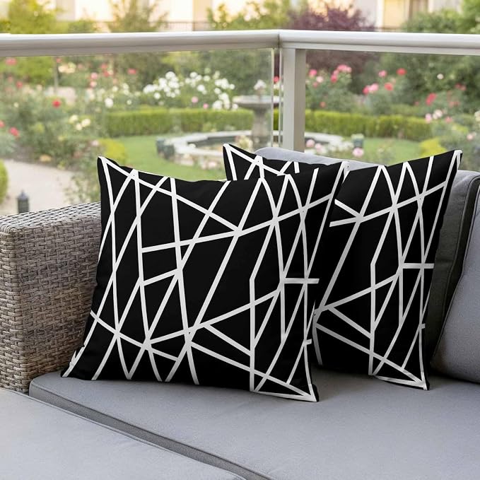 Outdoor Pillow Covers Waterproof, Black Geometric Decorative Square Throw Pillowcases Patio Cushion Covers for Tent/Garden, 26" x 26" 2 Pack, Abstract Stripes Modern Simple