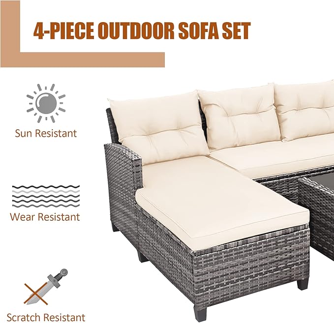 Tangkula 4 Pieces Rattan Conversation Set, Patiojoy Outdoor Furniture Set with Cushions, Lounge Sofa Set with Coffee Table, Patio Sectional Sofa Set for Patio Garden Poolside Backyard (White)