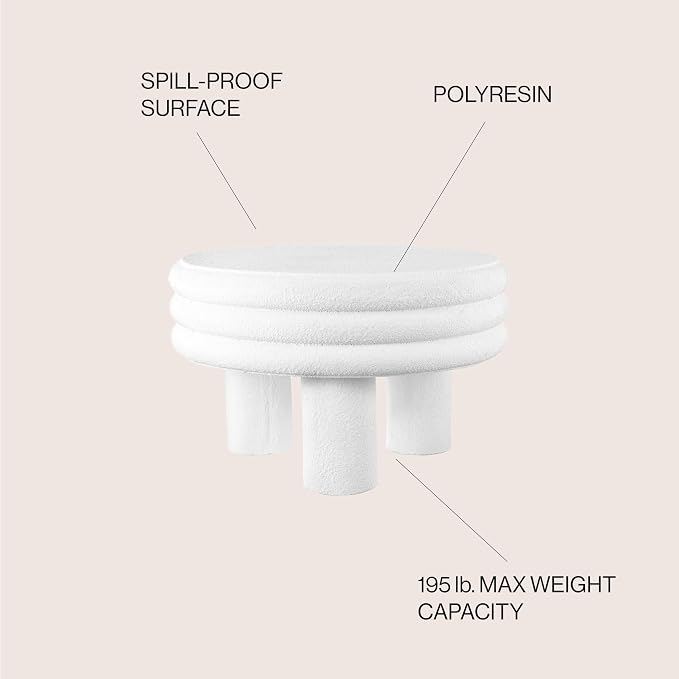 JONATHAN Y Rashida 13.5" White Frosted Modern Round Polyresin Indoor Outdoor Accent Coffee Table, Weather Resistant Low Table with Chunky Ribbed Stacked Ring Design and Tripod Pillar Base TBL1105B