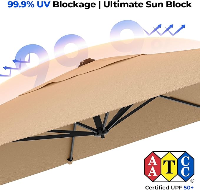 HOMSHADE 9x12FT Cantilever Patio Umbrella Outdoor with Base- Large Offset Heavy-Duty Aluminum Umbrella with 360° Rotation, 6 Tilts, Windproof, 3-Year Fade Resistance for Pool Deck, Rectangular, Beige