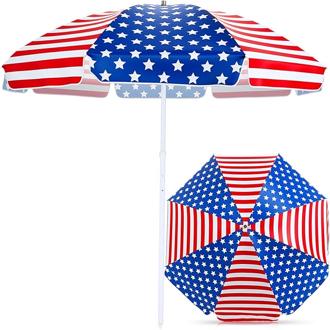 7.9ft 4th of July Patriotic Beach Umbrella Large American Flag Heavy Duty Wind Grade Red Blue White Umbrella UV 50+ for Patio Outdoor Independence Day