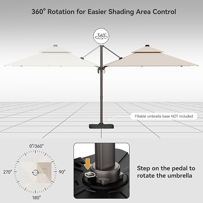 10x13FT Beige Cantilever Outdoor Patio Umbrella with Base, Large Rectangular Offset Design, Double Top Heavy Duty Aluminum Frame & 360° Rotation for Pool Garden Deck Backyard