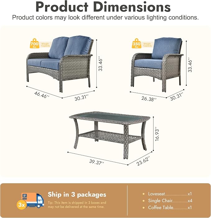 6 Pieces Patio Furniture Set, All-Weather Rattan Wicker Outdoor Furniture Loveseat Chairs with Coffee Table, High Back Conversation Set for Porch, Backyard, Balcony,Denim Blue