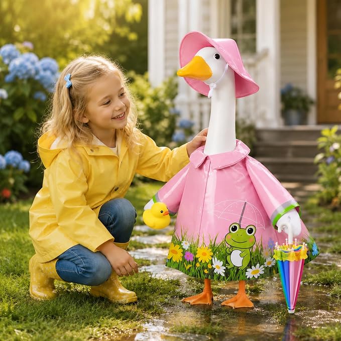 GJL Porch Goose Raincoat Outfit Fits 23 Inch Plastic Cement Goose Statue, Lawn Goose Clothes Set with Umbrella and Hat for Spring Summer Outdoor Yard Garden Decor (Pink-01)