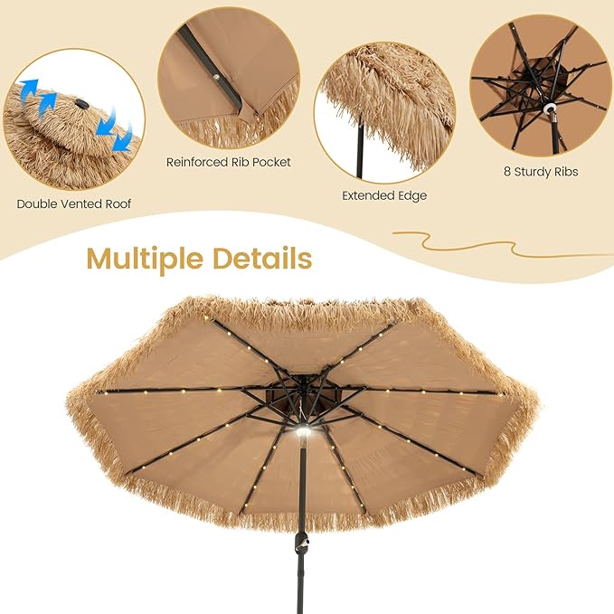 Tangkula 9 ft Thatched Patio Umbrella, 2 Tier Hawaiian Style Grass Beach Umbrella with 32 Led Lights, Center Light, Solar Tiki Umbrella with 8 Ribs, Tilt Adjustment, Manual Crank for Backyard Pool