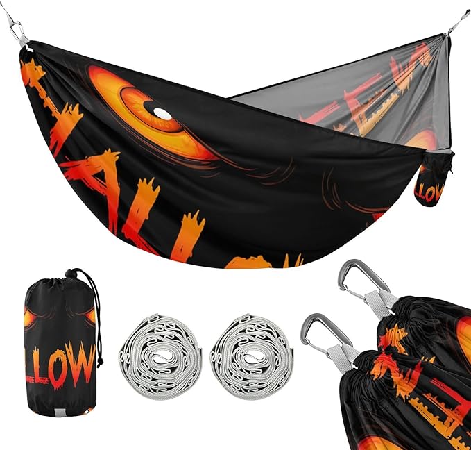 Hammocks for Outside Halloween Orange Eyes Camping Hammock Portable Hammocks with Tree Straps and Carry Bag Camping Accessories for Hiking Beach Outdoor