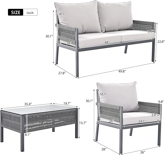 Harper & Bright Designs K&K 4-Piece Rope Patio Furniture Set, Outdoor Furniture with Tempered Glass Table, Patio Conversation Set Deep Seating with Thick Cushion for Backyard Porch Balcony (Grey)