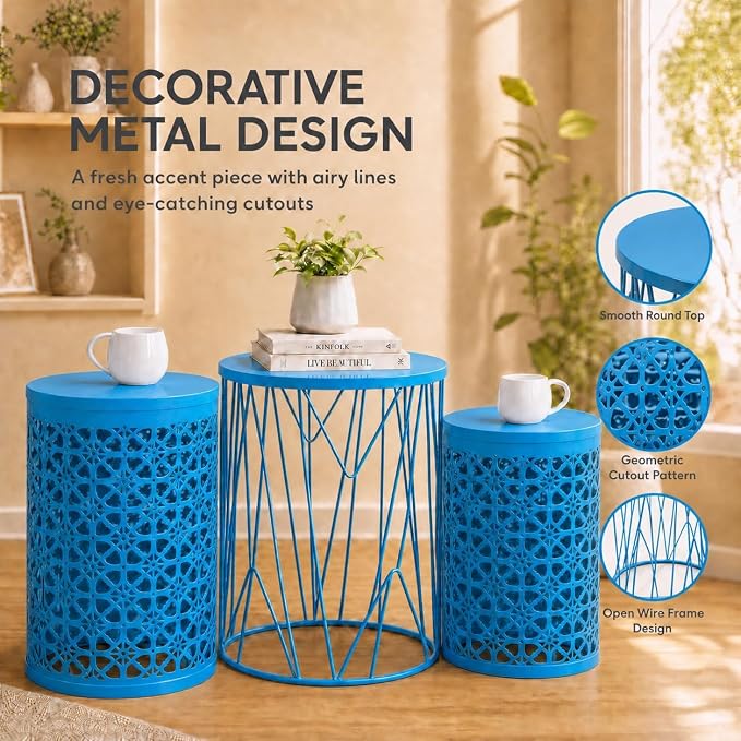 Y&M Outdoor Side Tables, Set of 3 Metal Stacking Patio Side Tables for Outside, Round Indoor End Tables, Coffee Accent Poolside Tables for Patio Garden Balcony, Blue