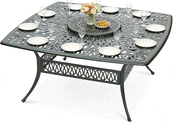 MEETWARM Outdoor 64" Square Patio Dining Table with Detachable Lazy Susan, All Weather Cast Aluminum Large Patio Furniture Table Set for 8 Seat with 24" Rotating Tray, Umbrella Hole, Dark Bronze