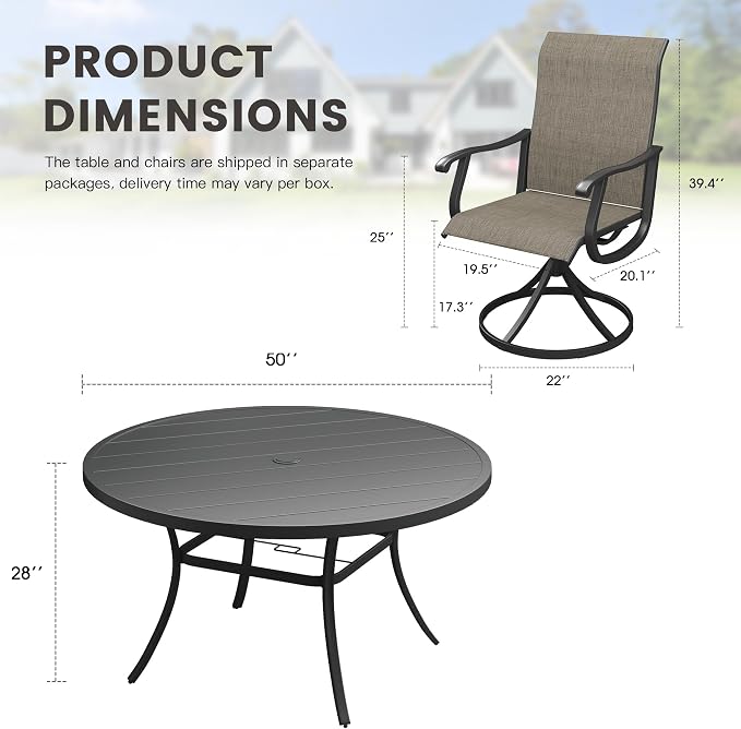 Outdoor Dining Set for 6, 50" Metal Round Outdoor Dining Table with Umbrella Hole and Sling Patio Swivel Chairs, 7 Pieces Patio Table and Chairs Set for Garden Backyard, Mixed Brown and Black