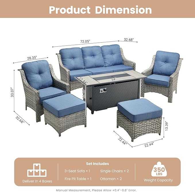 HOOOWOOO Patio Furniture Set,6 Pieces Wicker Outdoor Furniture,High Back Conversation Set with All Weather Resistant Fire Pit Table Couch Chairs Ottomans,Diamond Blue