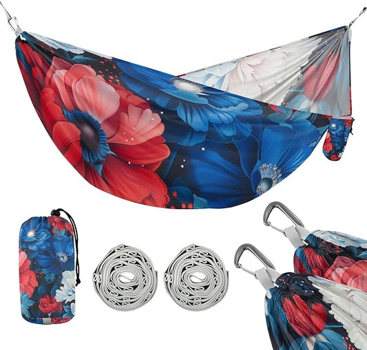 4th of July Independence Day Red and Blue Flowers 330lb Capacity Outdoor Hammock with Hanging Ropree Hammock for Camping Travel Accessories hamaca para Patio Exterior